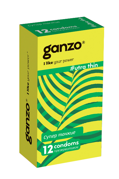 Презервативы Ganzo, ultra thin, супер тонкие, латекс,18 см, 5,2 см, 12 шт.